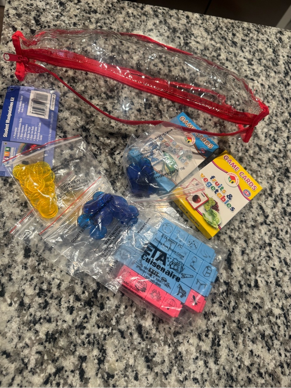 Kids Game Accessories Set with Clear Red Carry Pouch - Blue & Yellow Tokens
